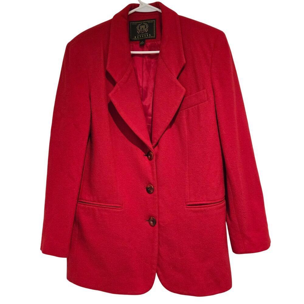Vintage 90's Express Red Wool Cashmere Blazer Oversized Power Suit Jacket Sz S